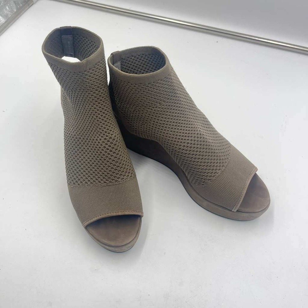 Eileen Fisher Womens Olive Brown Stretch Knit Open Toe Wedge Sandals Size 8.5